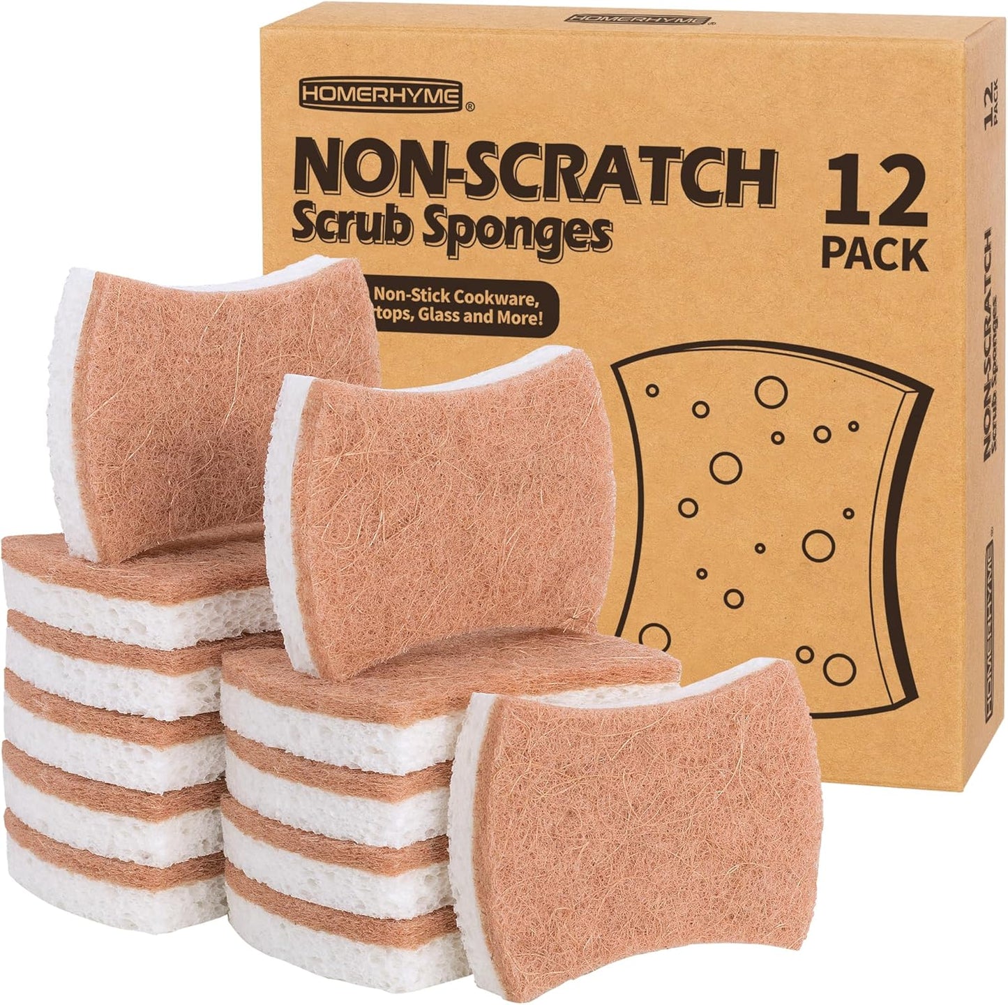 HOMERHYME Natural Dish Sponge 12 Pack, Non-Scratch Eco-Friendly Multipurpose Kitchen Cellulose Sponge, Biodegradable Odor-Less Dual-Sided for Dish Washing & Household Cleaning