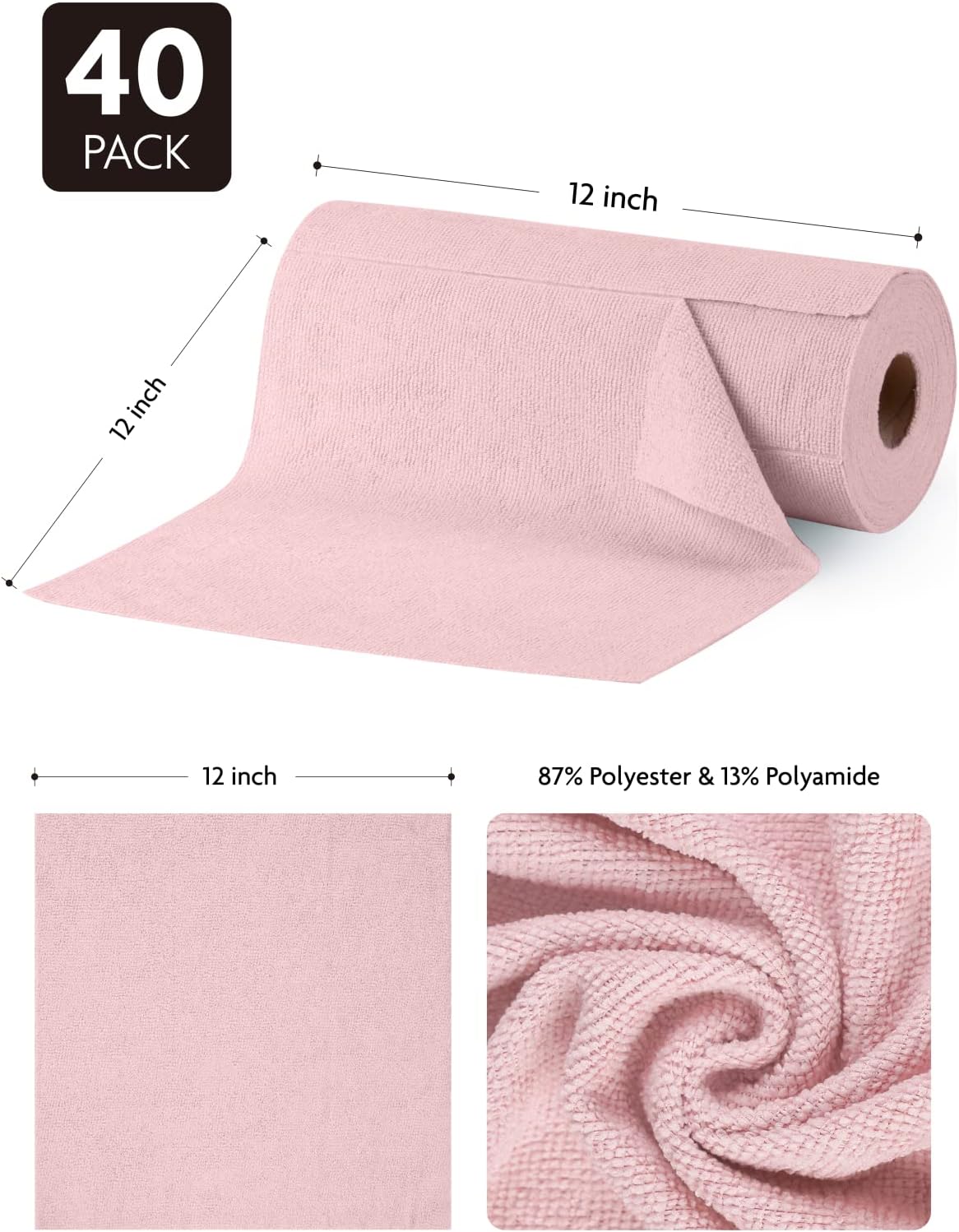 Fantasticlean Microfiber Cleaning Cloth Roll -40 Pieces, Tear Away Towels, 30x30cm, Reusable, Washable, Scratch Free, Ultra Absorbent Dish Rags for Car, Home, Garage or Shop (Pink)