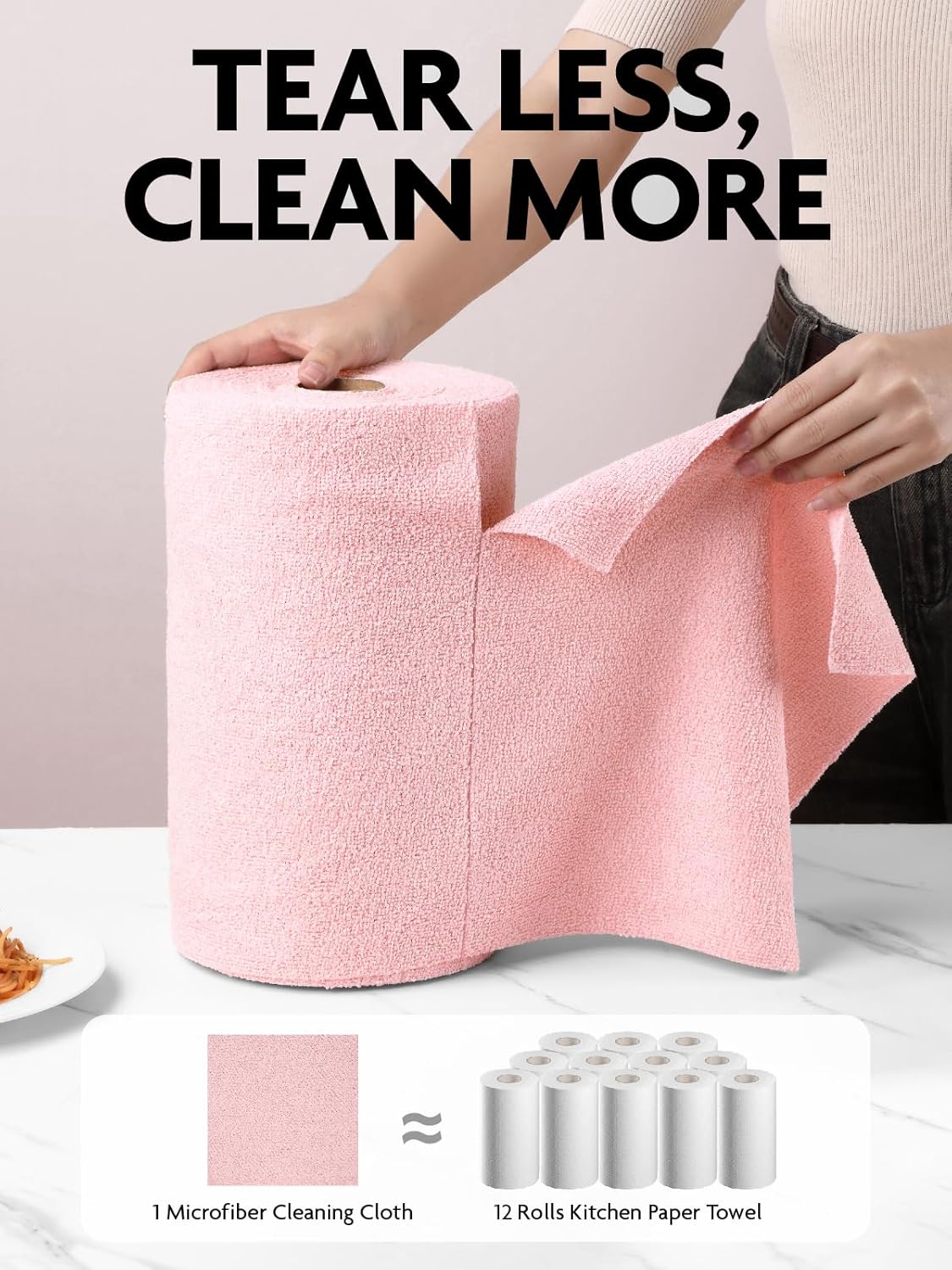 Fantasticlean Microfiber Cleaning Cloth Roll -40 Pieces, Tear Away Towels, 30x30cm, Reusable, Washable, Scratch Free, Ultra Absorbent Dish Rags for Car, Home, Garage or Shop (Pink)