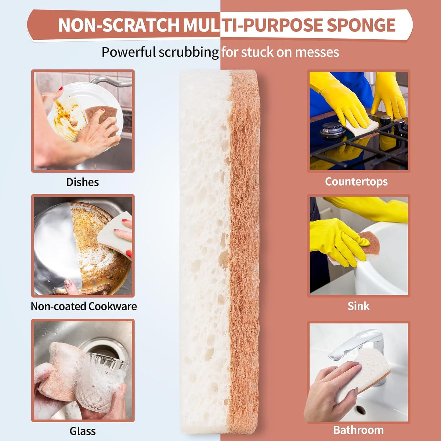 HOMERHYME Natural Dish Sponge 12 Pack, Non-Scratch Eco-Friendly Multipurpose Kitchen Cellulose Sponge, Biodegradable Odor-Less Dual-Sided for Dish Washing & Household Cleaning